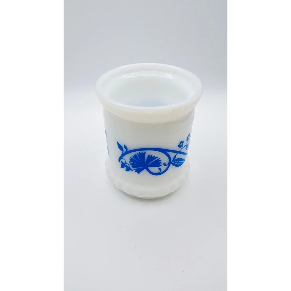 Vintage Milk Glass Blue Floral Toothbrush Holder Vanity Jar Scalloped Base